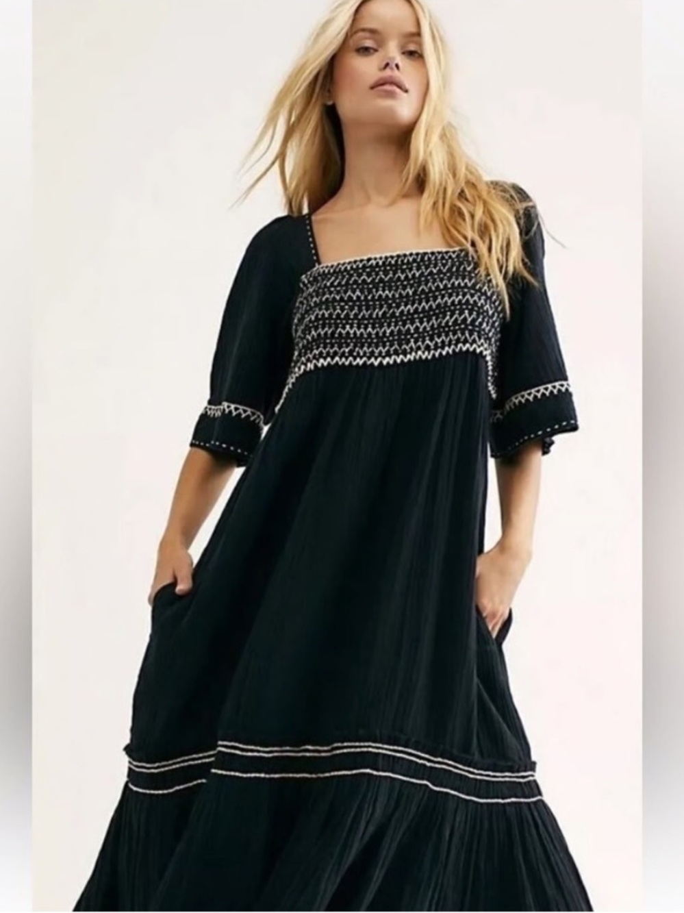 Anthropologie Black Smocked Square-Neck Maxi with White Stitching